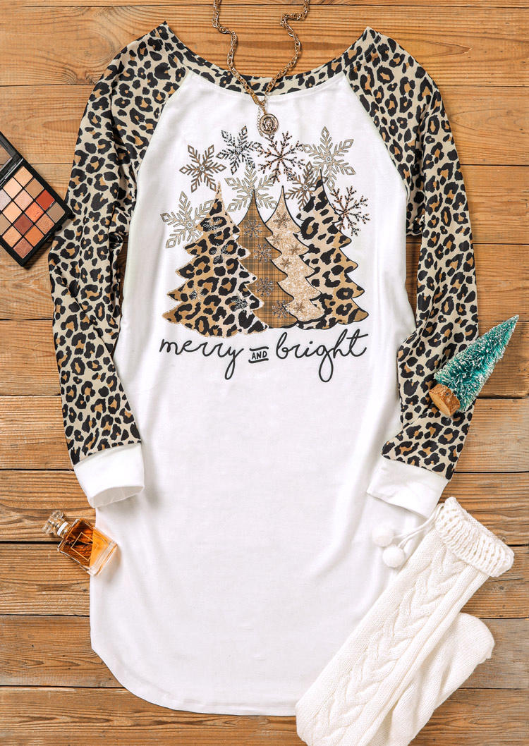 Leopard Christmas Tree Snowflake Merry And Bright Mini Dress - White