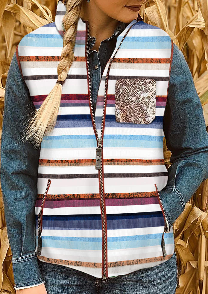 

Coats Sequined Pocket Striped Zipper Sleeveless Vest Coat in Stripe. Size: ,M,L,XL