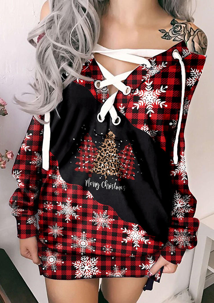 Merry Christmas Leopard Plaid Tree Snowflake Lace Up Mini Dress