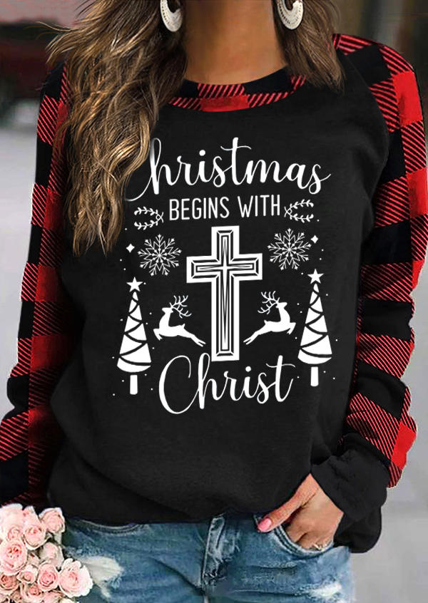 Christmas Begins With Christ Cross Plaid Sweatshirt - Black