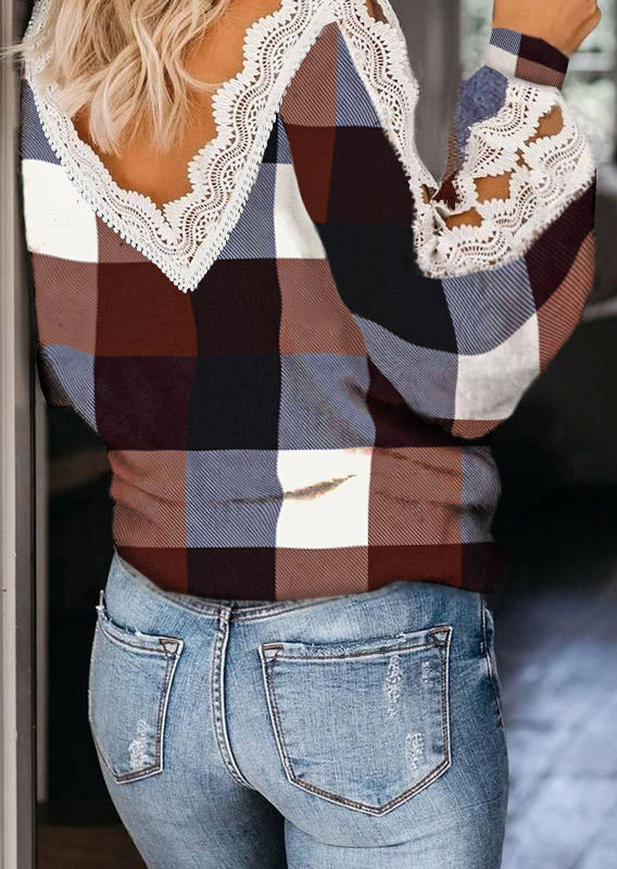 Plaid Lace Splicing V-Neck Long Sleeve Blouse