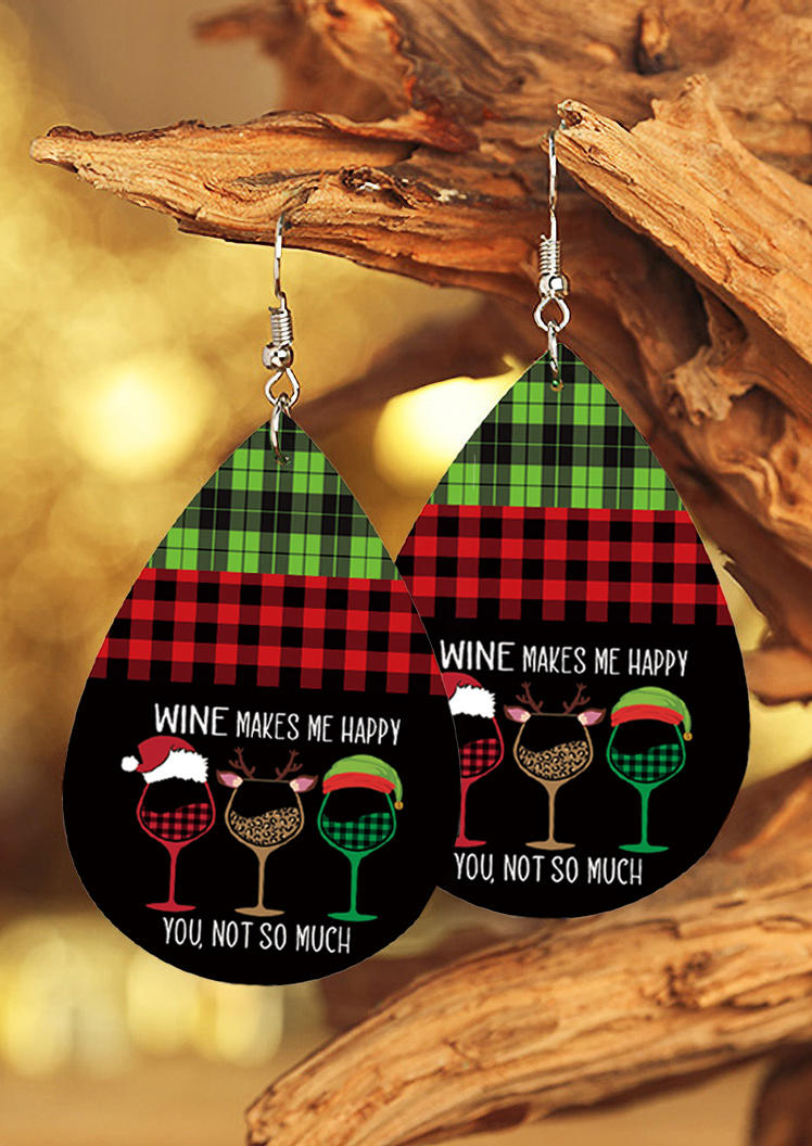 Earrings Christmas Hat Plaid Leopard Wine Makes Me Happy Wine Glass Earrings in Multicolor. Size: One Size
