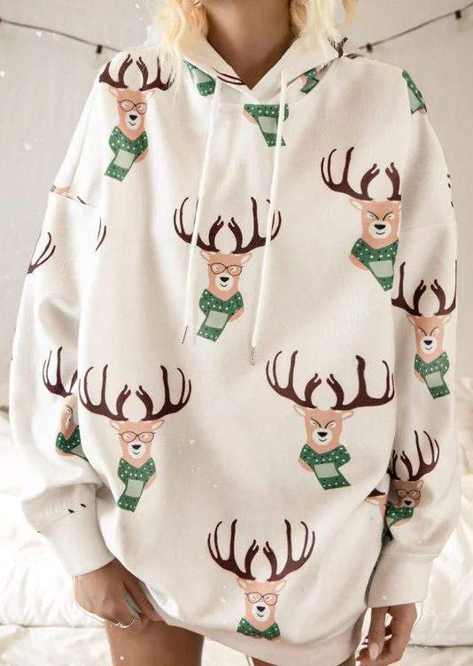 

Hoodies Christmas Reindeer Long Sleeve Hoodie in White. Size: ,M,L,XL