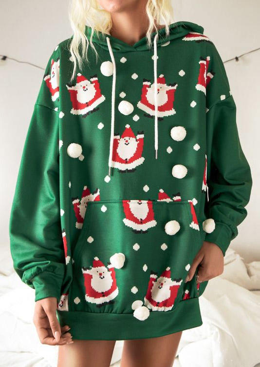 

Hoodies Christmas Santa Claus Kangaroo Pocket Hoodie in Green. Size: ,M,L,XL