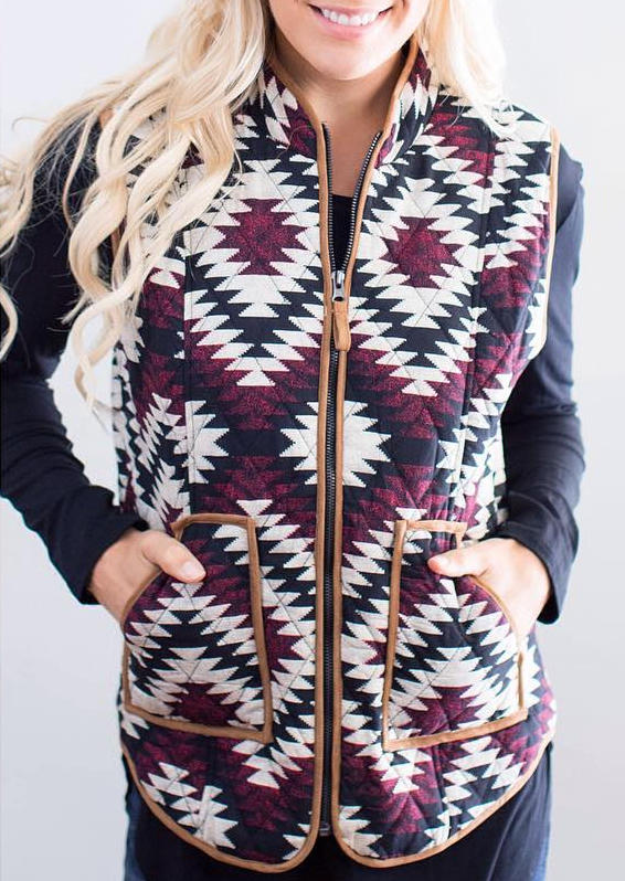 

Coats Aztec Geometric Zipper Pocket Sleeveless Vest Coat in Multicolor. Size: ,M,L,XL