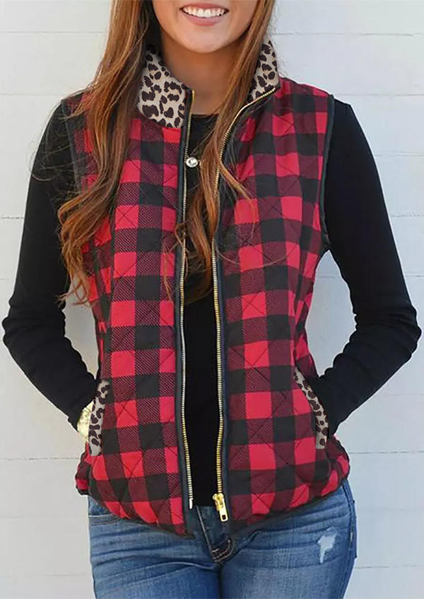 

Coats Leopard Plaid Pocket Zipper Sleeveless Vest Coat in Red. Size: ,M