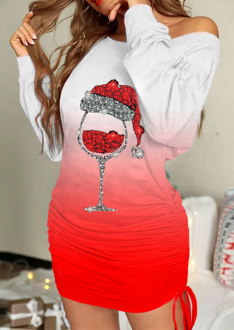 Mini Dresses Wine Glass Gradient Ruched Drawstring Mini Dress in Red. Size: L,M,S,XL