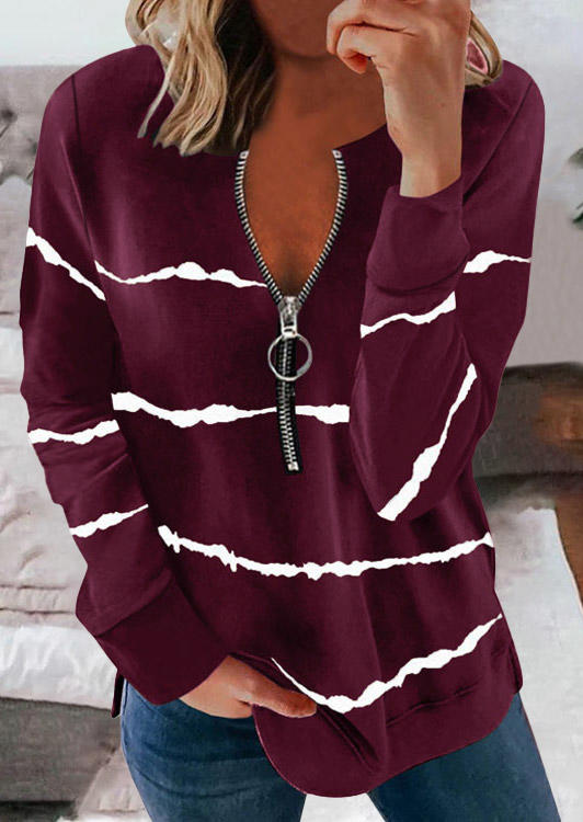 Blouses Zipper Striped Slit Long Sleeve Blouse in Black. Size: M