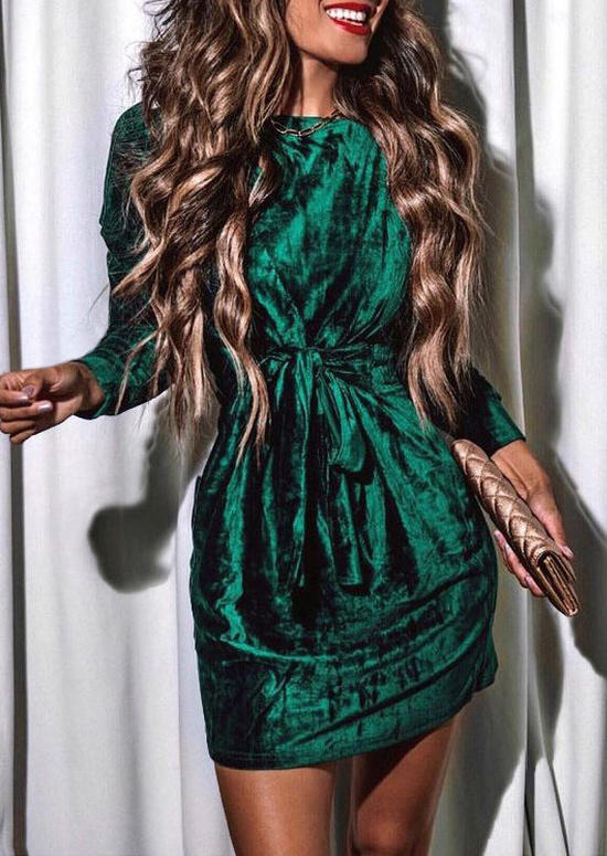 

Mini Dresses Ruffled O-Neck Long Sleeve Mini Dress in Green. Size