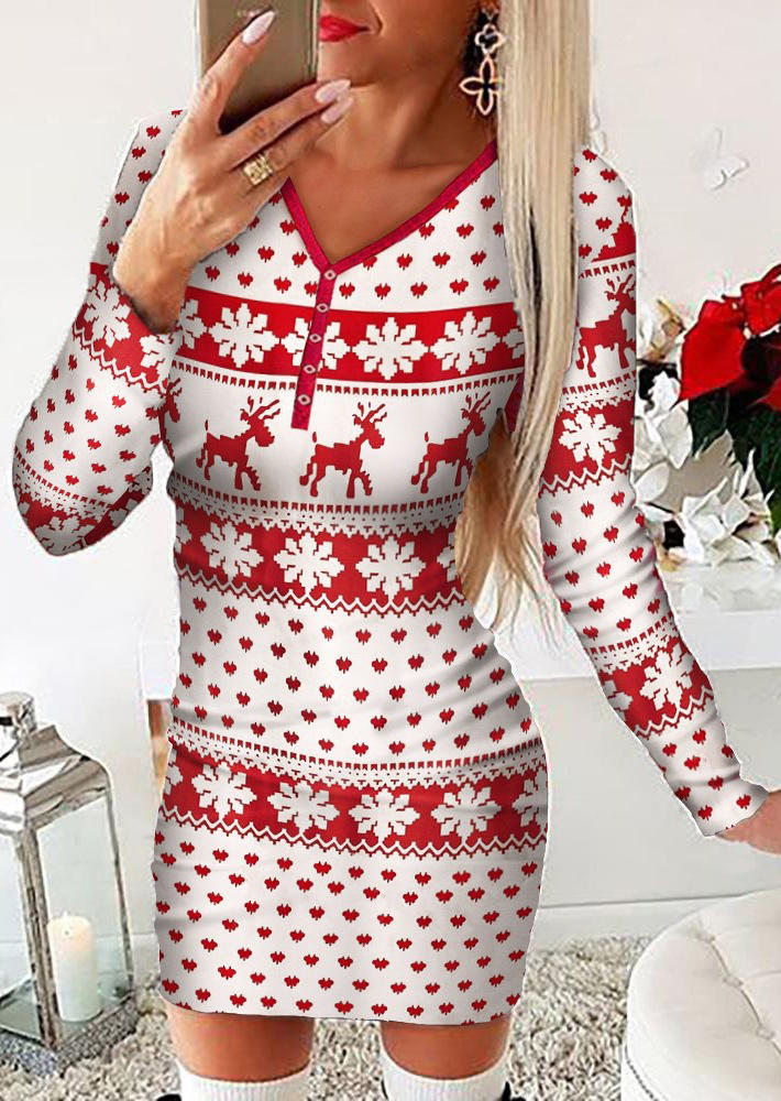Bodycon Dresses Christmas Reindeer Snowflake Bodycon Dress in Red. Size: S,M,L,XL