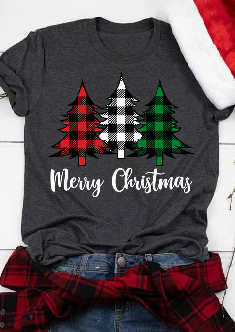 T-shirts Tees Merry Christmas Tree Plaid T-Shirt Tee - Dark Grey in Gray. Size: L,M,S