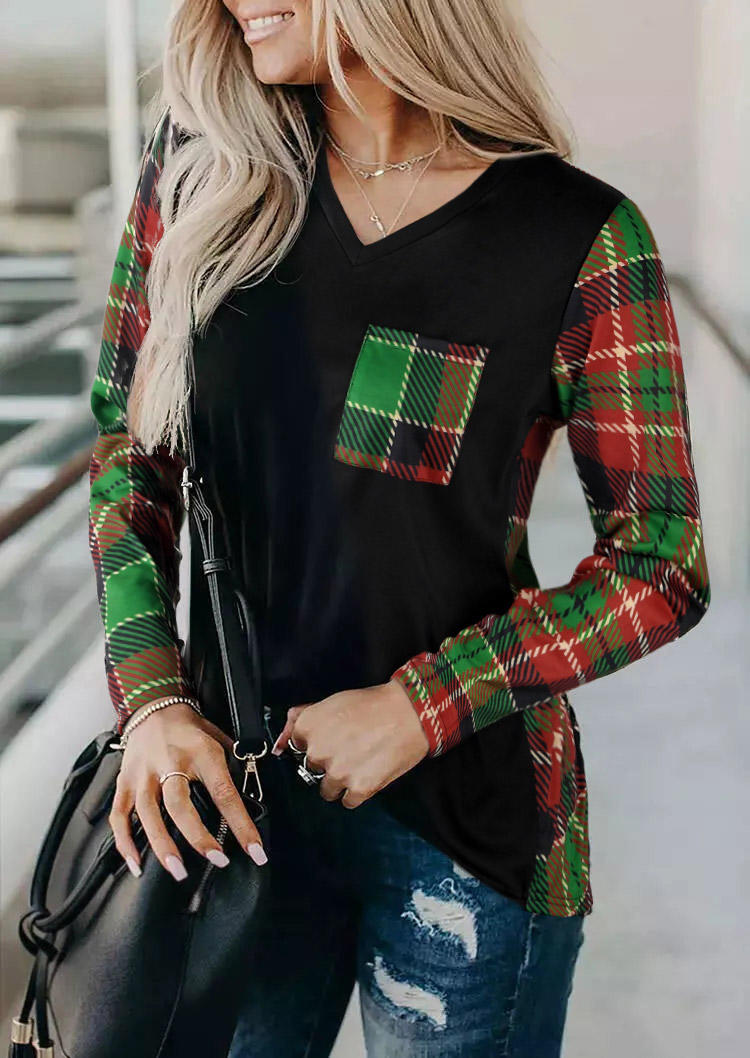 Plaid Splicing Pocket Long Sleeve Blouse - Black