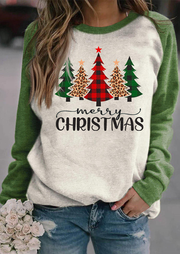 Sweatshirts Merry Christmas Tree Plaid Leopard Sweatshirt in Multicolor. Size: L,M,S