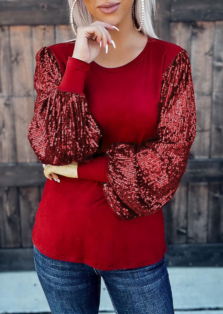 Blouses Sequined Splicing O-Neck Long Sleeve Blouse in Burgundy. Size: M,L,XL