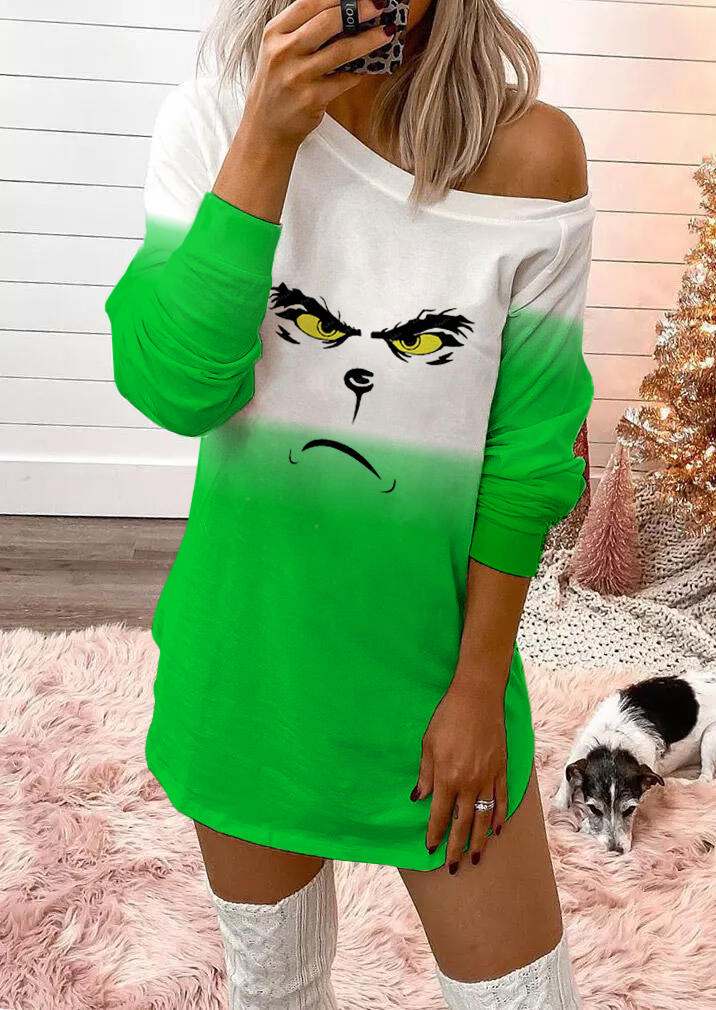 

Mini Dresses Gradient Angry Cartoon Long Sleeve Mini Dress in Green. Size: ,M,L,XL