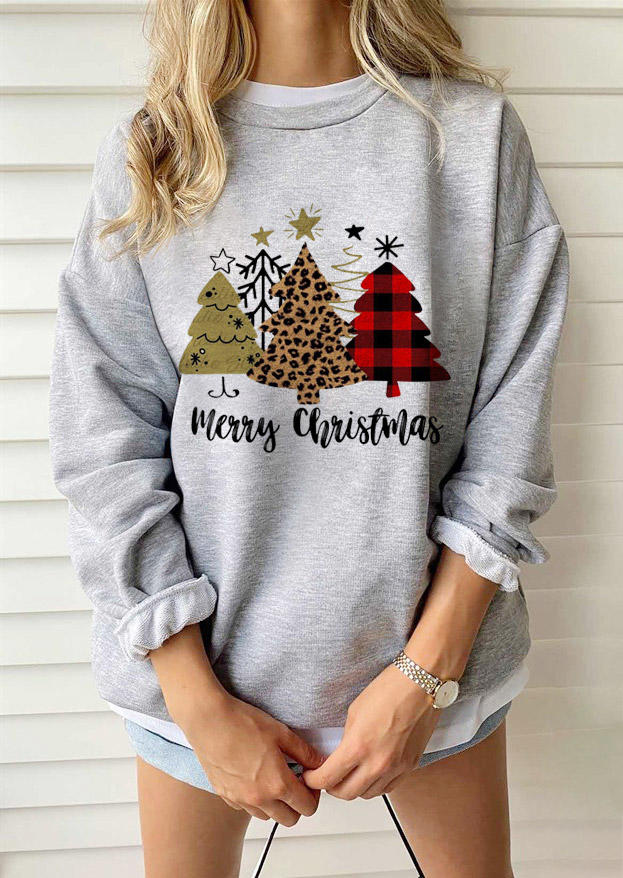 

Sweatshirts Merry Christmas Tree Plaid Leopard Sweatshirt in Gray. Size: ,M,L,XL