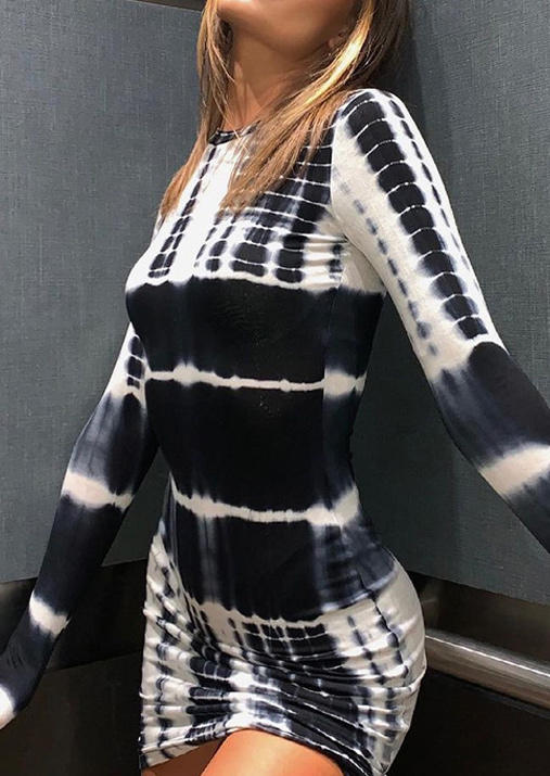 

Bodycon Dresses Tie Dye O-Neck Long Sleeve Bodycon Dress in Multicolor. Size