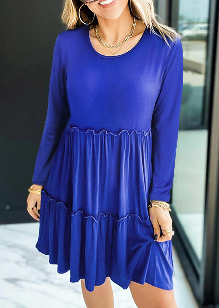 Ruffled Long�0�2Sleeve O-Neck Mini Dress - Blue
