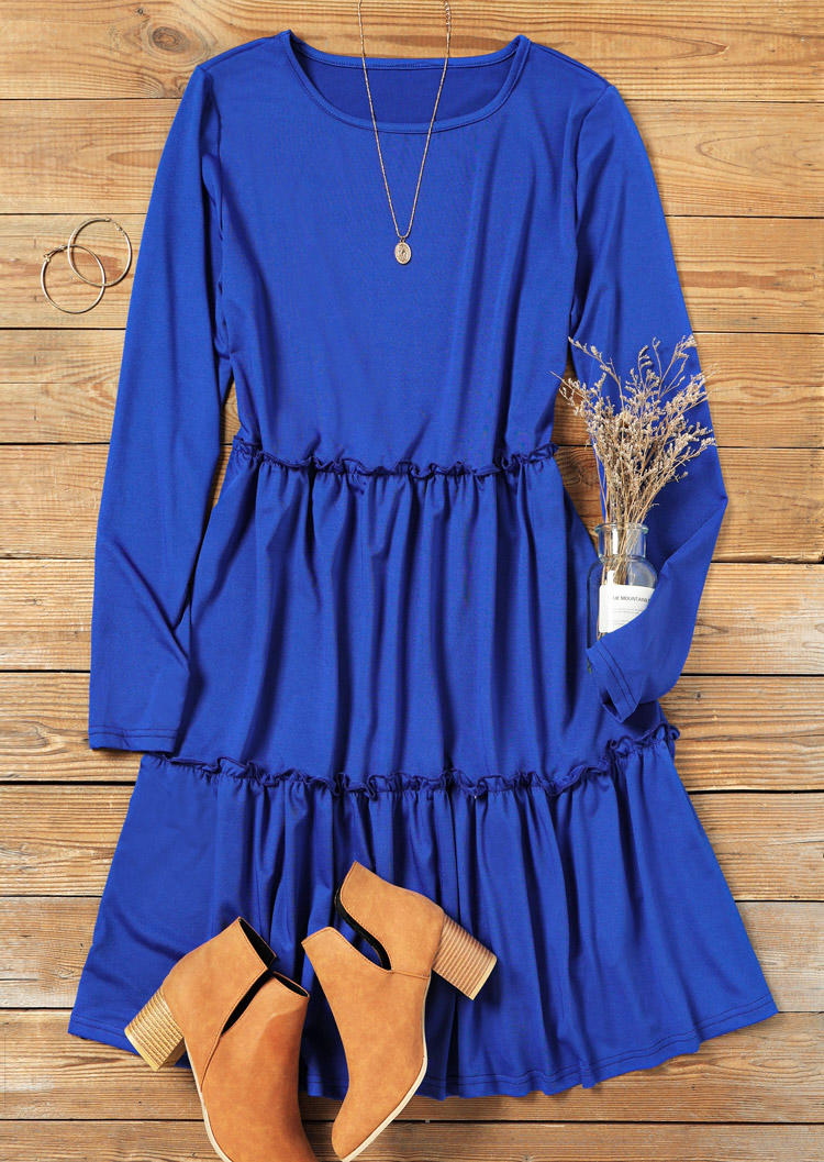 Mini Dresses Ruffled Long Sleeve O-Neck Mini Dress in Blue. Size: L,M,S,XL