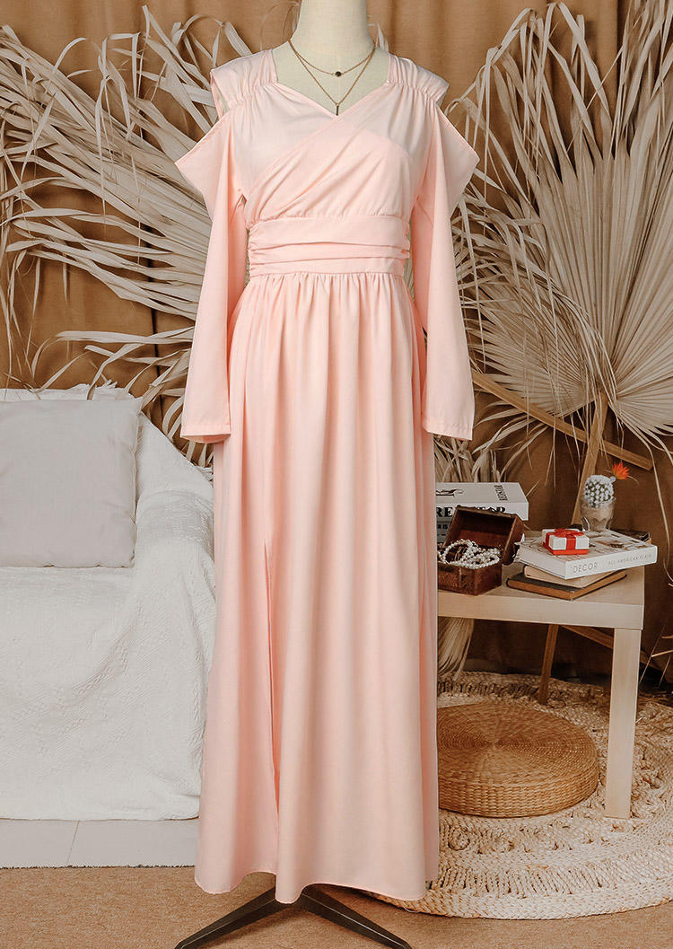 Maxi Dresses Ruched Slit V-Neck Cold Shoulder Maxi Dress in Light Pink. Size: M