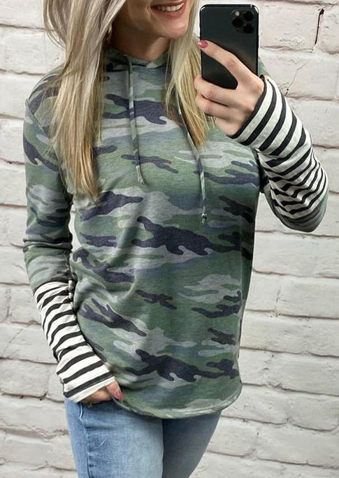 Camouflage Striped Hooded Blouse