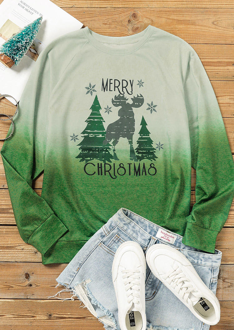 Merry Christmas Reindeer Tree Gradient Sweatshirt - Green