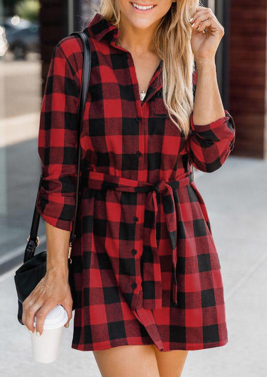 Plaid Button Turn-Down Collar Shirt Mini Dress