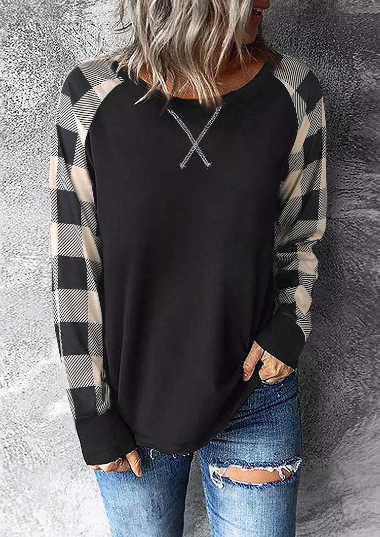 Blouses Plaid Long Sleeve O-Neck Blouse in Black. Size: S