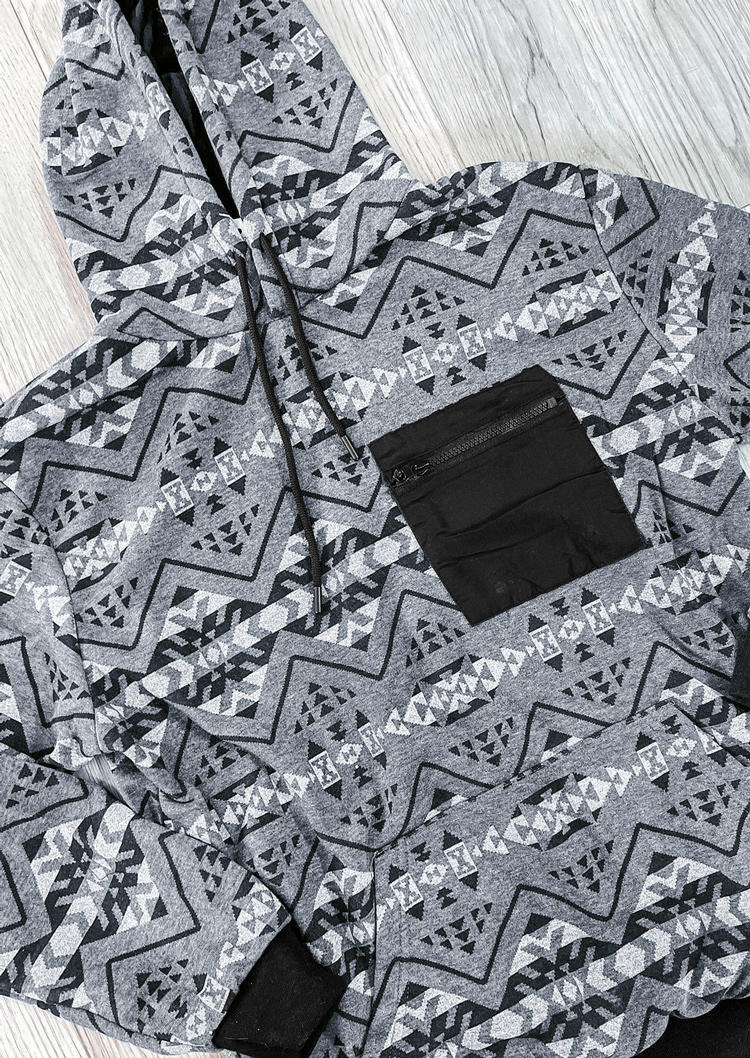 Aztec Geometric Pocket Zipper Hoodie - Gray