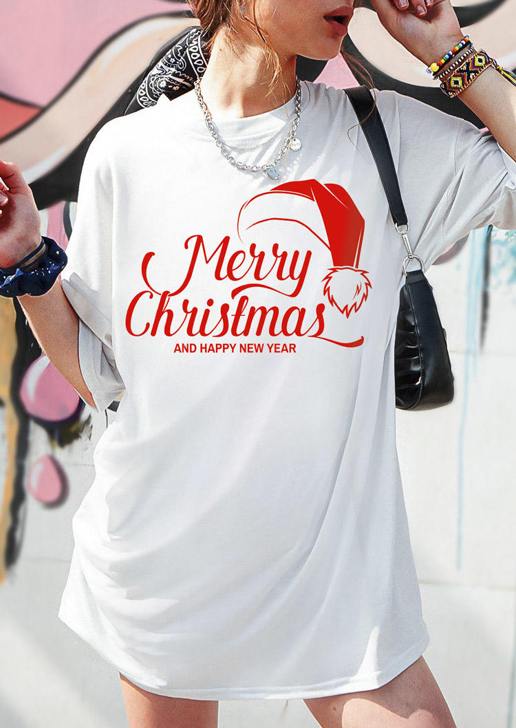 

T-shirts Tees Merry Christmas Hat O-Neck T-Shirt Tee in White. Size: ,M,L,XL