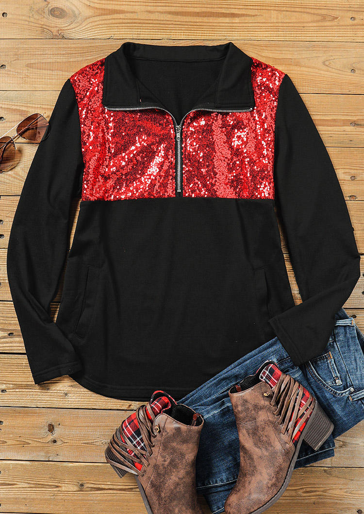 

Sweatshirts Sequined Zipper Pocket Long Sleeve Sweatshirt in Black. Size: M,,XL