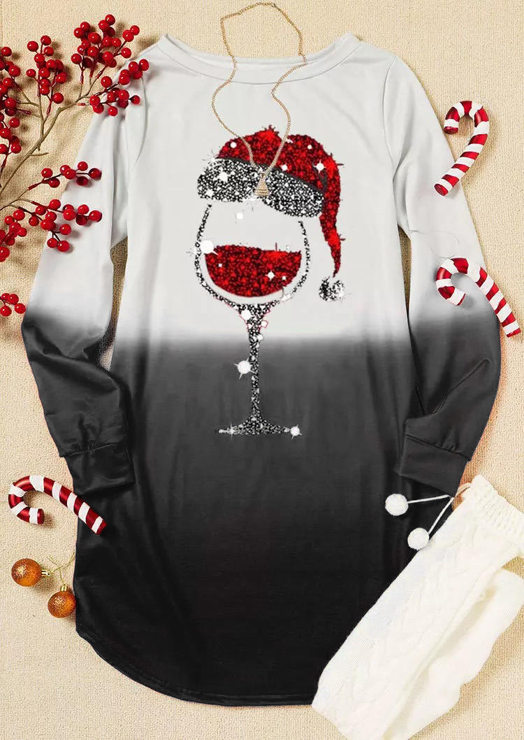 Christmas Hat Gradient Wine Mini Dress - Black
