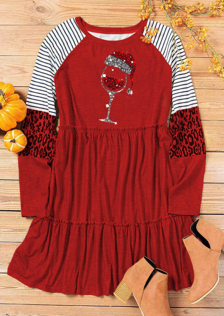 Christmas Wine Leopard Striped Ruffled Mini Dress - Red