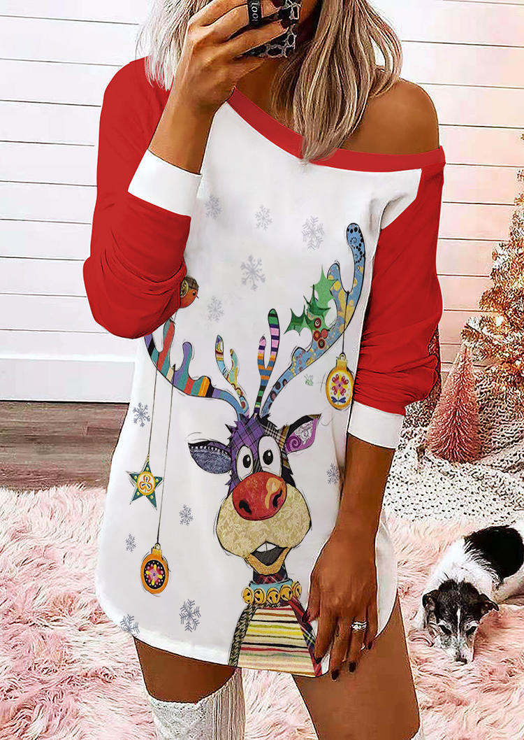 Christmas Reindeer Long Sleeve Mini Dress - Red