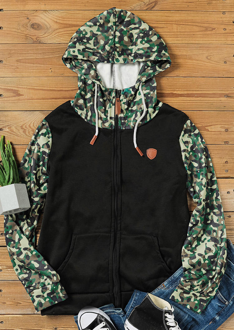 

Coats Camouflage Splicing Hooded Coat in Black. Size