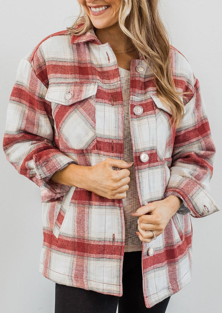 

Coats Plaid Pocket Button Long Sleeve Coat in Red. Size: ,M,L,XL