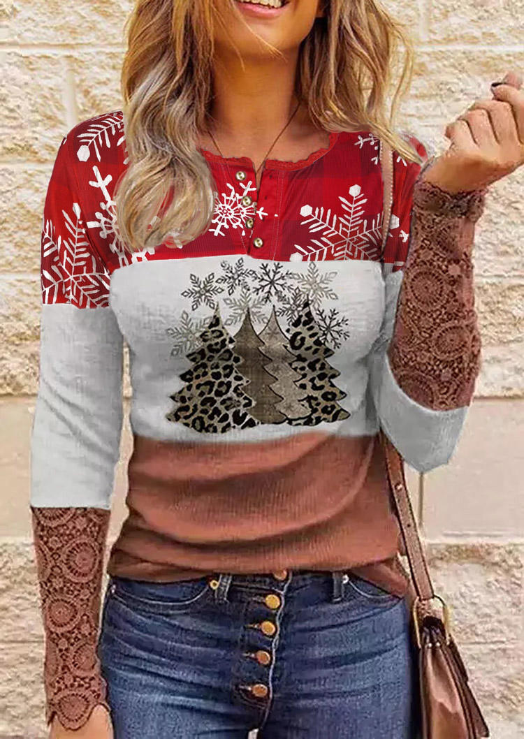 

Blouses Lace Splicing Button Leopard Tree Snowflake Blouse in Multicolor. Size