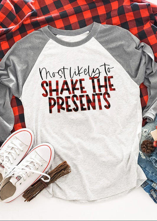 T-shirts Tees Plaid Most Likely To Shake The Presents T-Shirt Tee in White. Size: L,M,S,XL