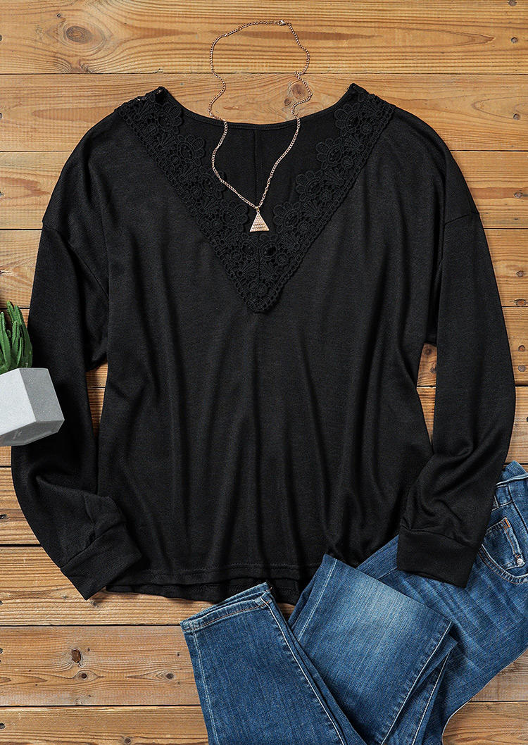 Lace Splicing Long Sleeve Blouse - Black