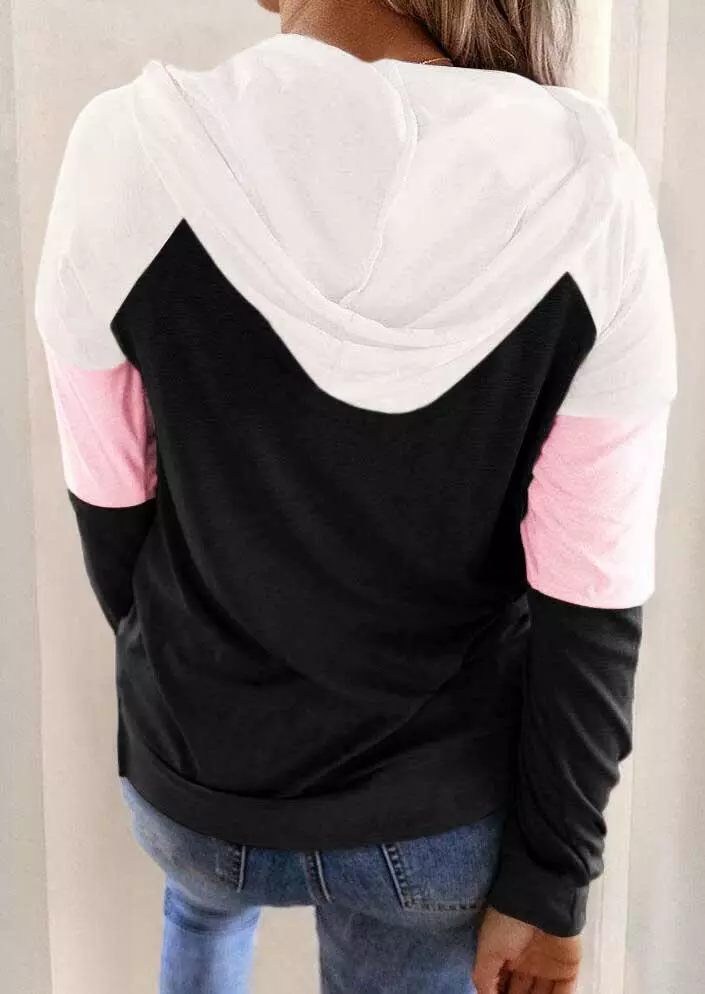 

Hoodies Lace Color Block Drawstring Pocket Hoodie in Black. Size