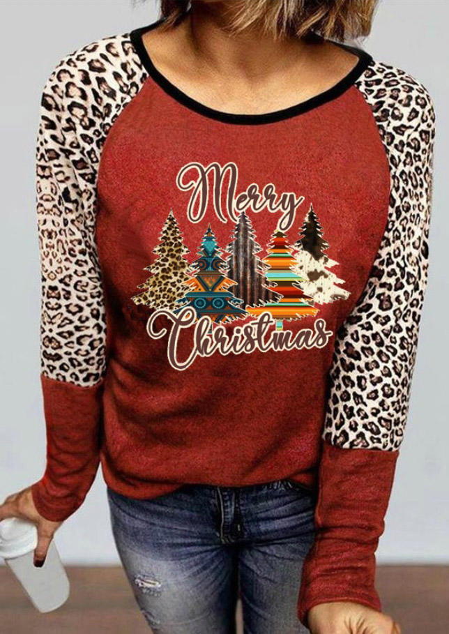 T-shirts Tees Merry Christmas Leopard Tree T-Shirt Tee - Brick Red in Red. Size: L,M,S