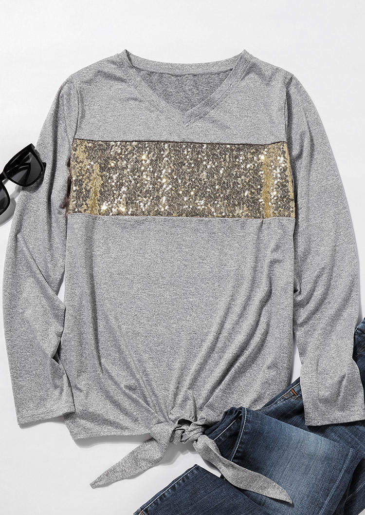 

Blouses Sequined Tie Long Sleeve V-Neck Blouse in Gray. Size: L,M