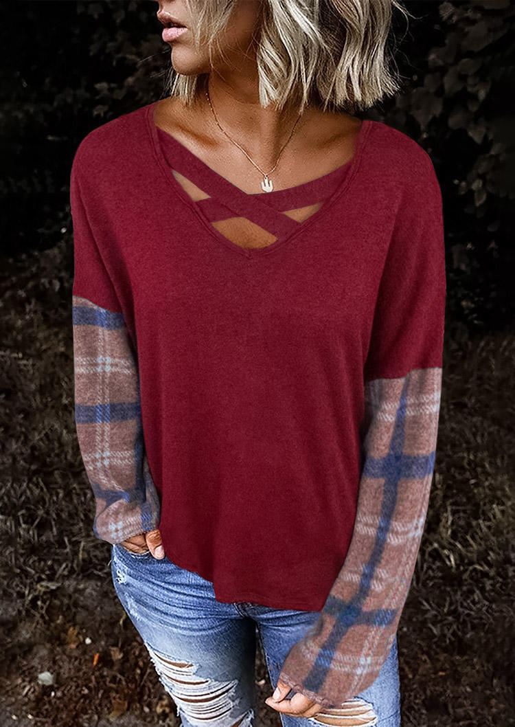 Blouses Plaid Criss-Cross Long Sleeve Blouse - Burgundy in Red. Size: L,M,S,XL
