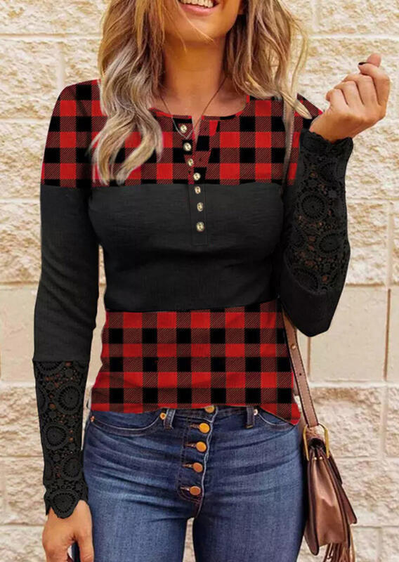 Blouses Lace Splicing Hollow Out Buffalo Plaid Blouse in Black. Size: S