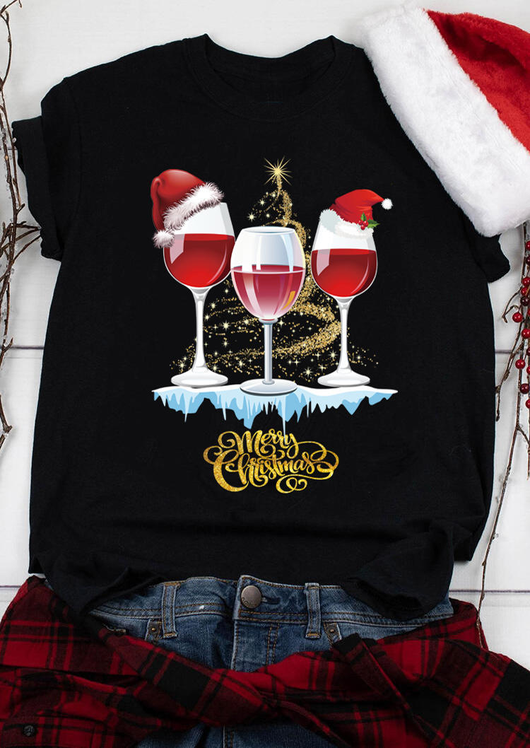 

T-shirts Tees Merry Christmas Hat Wine Glass T-Shirt Tee in Black. Size: ,M,L,XL