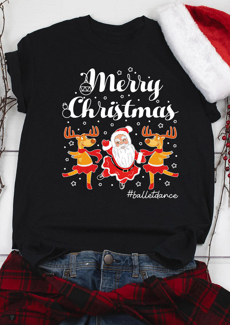 Merry Christmas Balletdance Reindeer Santa Claus T-Shirt Tee - Black