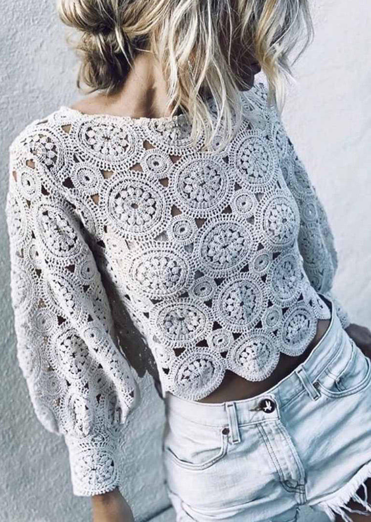 Floral Lace Hollow Out Blouse - White