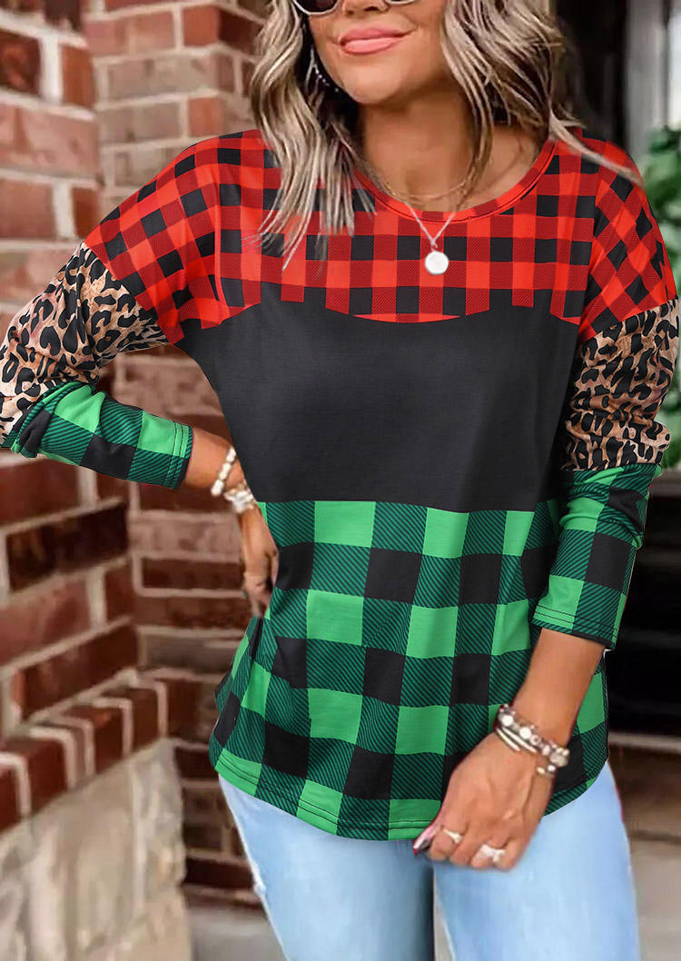 

Blouses Buffalo Plaid Leopard Long Sleeve Blouse in Multicolor. Size: ,M,L,XL