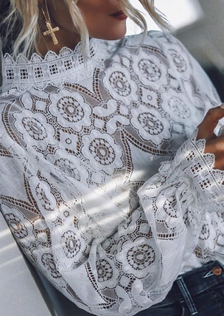 

Blouses Lace See-Through Hollow Out Blouse in White. Size: ,M,L,XL