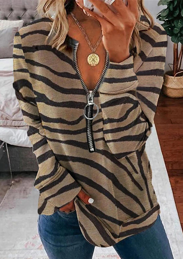 

Sweatshirts Striped Zipper Collar Long Sleeve Sweatshirt in Khaki. Size